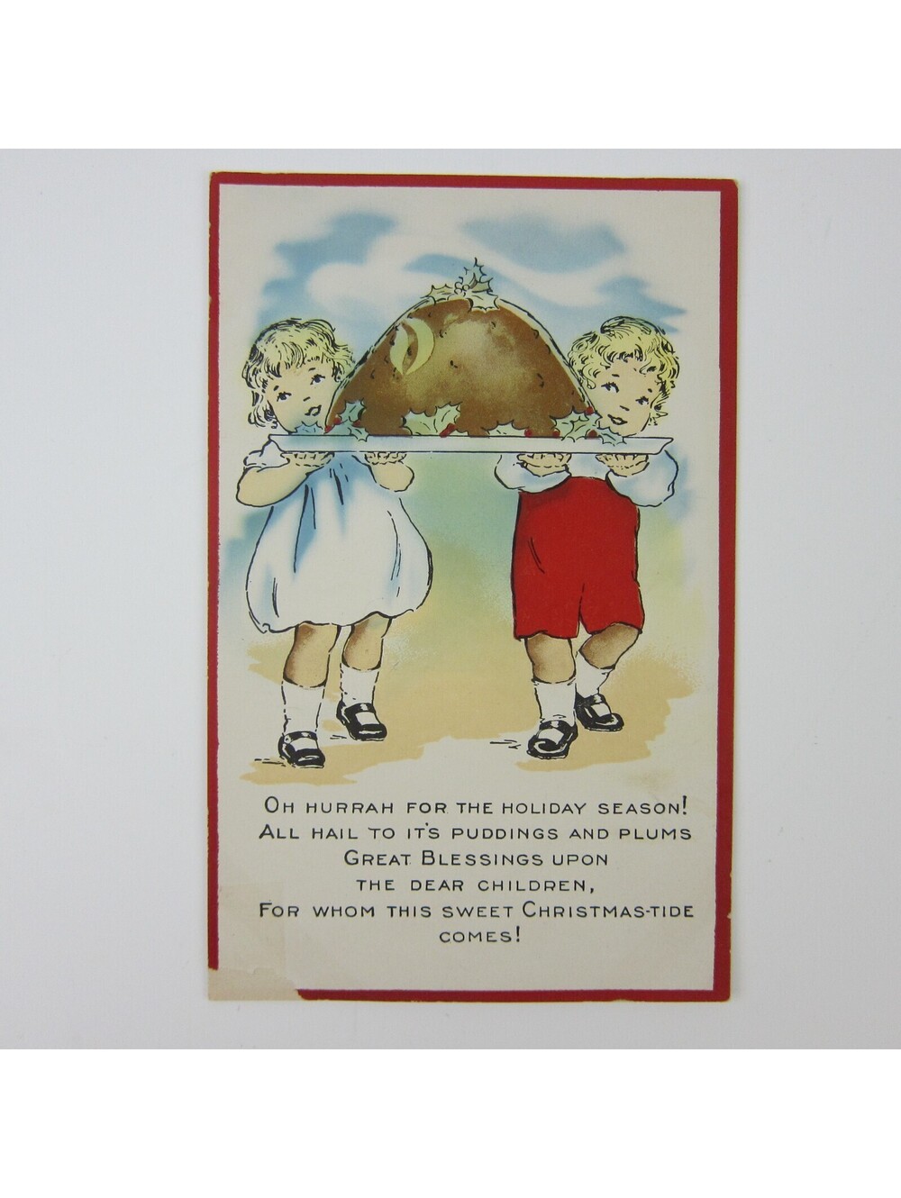 Christmas Postcard Blonde Boy & Girl Carry Giant Pudding Plate Whitney Antique